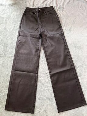 Women Plain Straight Leg Casual Vegan Leather Size M